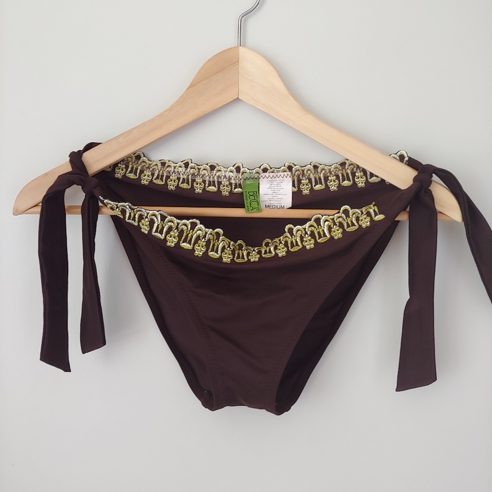 BECCA Swimsuit Embroidered Tie Bikini Set Brown Vintage Size Small - Picture 5 of 11